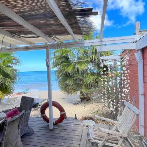 Boho beach shag in St. Martin with shells and palm trees for perfect social media production