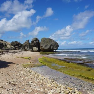 Stones rock formations and boulders in huge sizes on a pepple stone beach in Barbados with rough sea