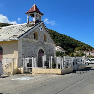 Church on the main road of the French Caribbean beach village of grand case