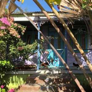 Colourful chattelhouse in Barbados overgrown by pink flower bushes