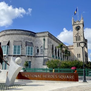 Parliament building in Barbados capital of Bridgetown next to the hero square memorial