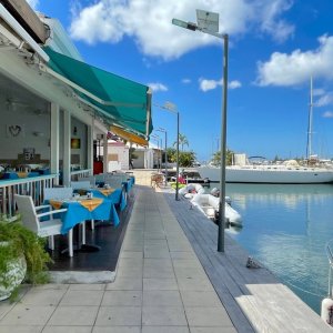 Marigot marina for smaller vessels with restaurants bars and shops