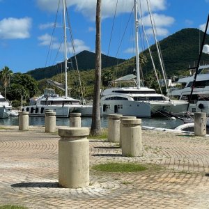 Marina in St. Martin newly constructed for yachts catamarans sailing vessels surrounded by hills for protection in the north of the island