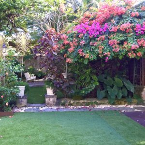 Colorful picturesque flower garden overgrowing gazebo