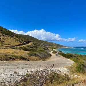 Winding road leading down a rolling hill along a deep blue sea in the Caribbean