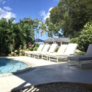 Swiming pool deck with loungers and palm trees beach access