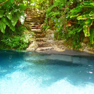 Swimming pool in natural stone formation and beautiful tropical garden with lush vegetation