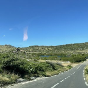 Country road leading through lush greenery towards bushy green hills in St. Martin