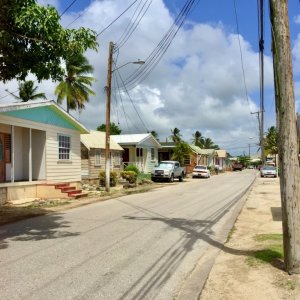 Fishing village with painted chattel houses and quiet street